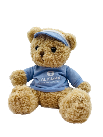 Медведь бежевый в сиреневой футболке